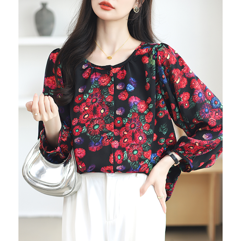 Fashion elegant all-match printing temperament slim tops