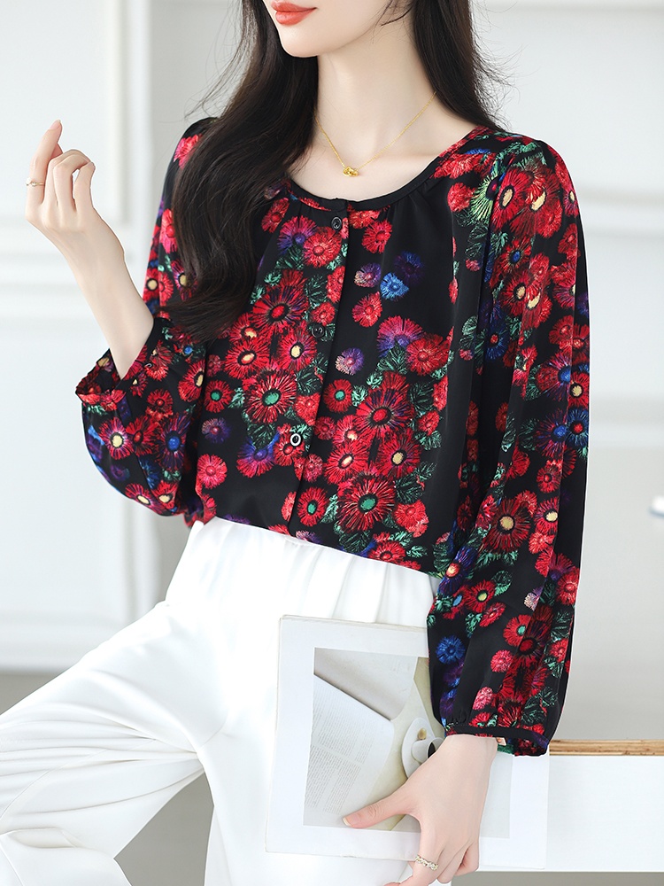 Fashion elegant all-match printing temperament slim tops