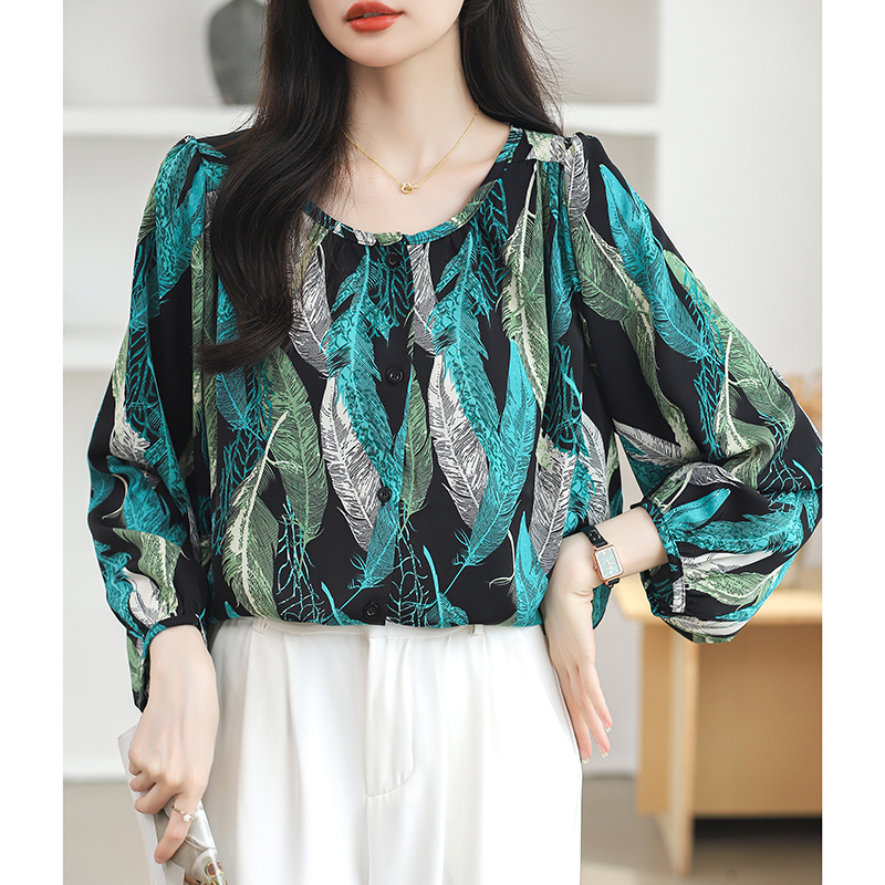 Chiffon long sleeve shirt round neck tops for women