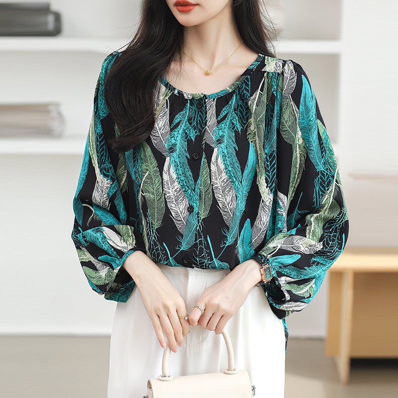 Chiffon long sleeve shirt round neck tops for women