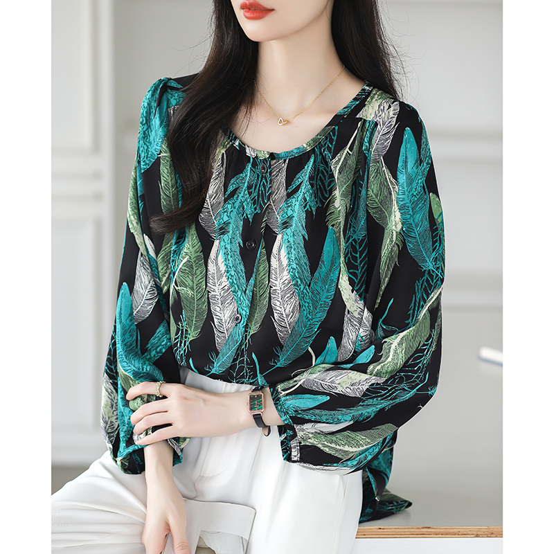 Chiffon long sleeve shirt round neck tops for women