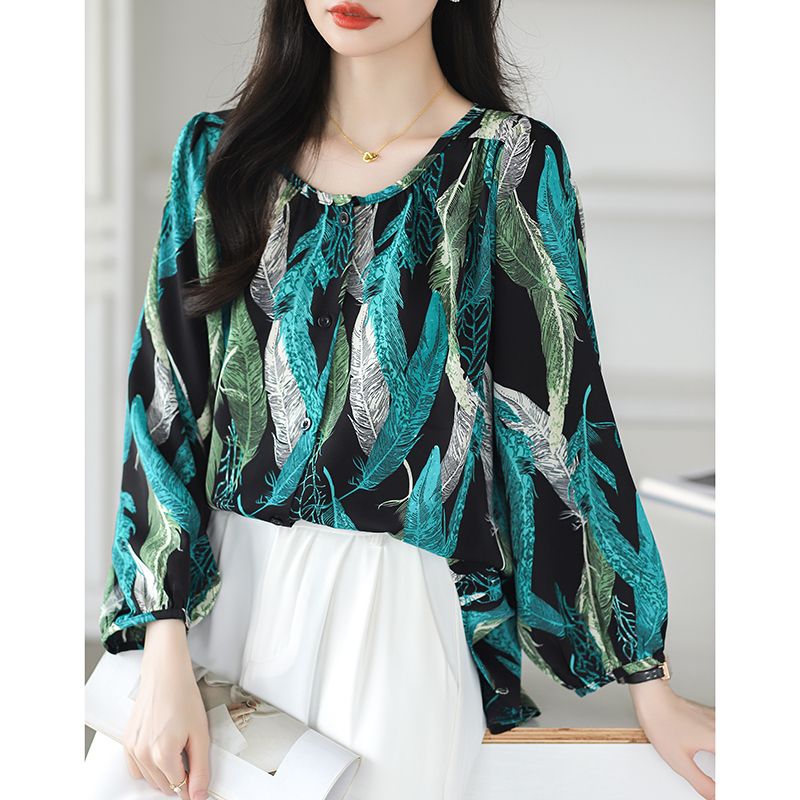 Chiffon long sleeve shirt round neck tops for women