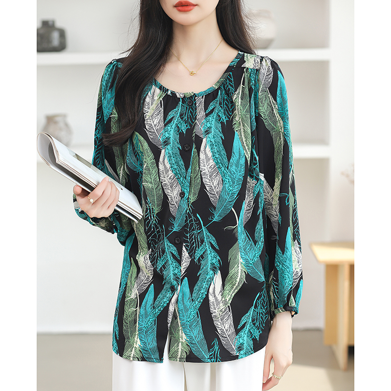 Chiffon long sleeve shirt round neck tops for women