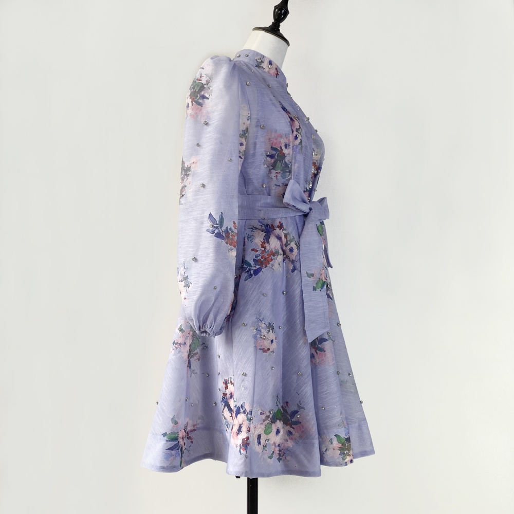 Slim single-breasted lantern sleeve niche retro printing dress