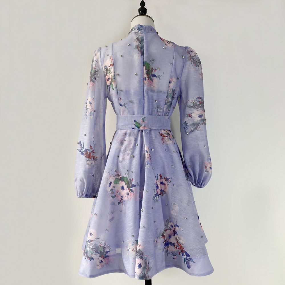 Slim single-breasted lantern sleeve niche retro printing dress