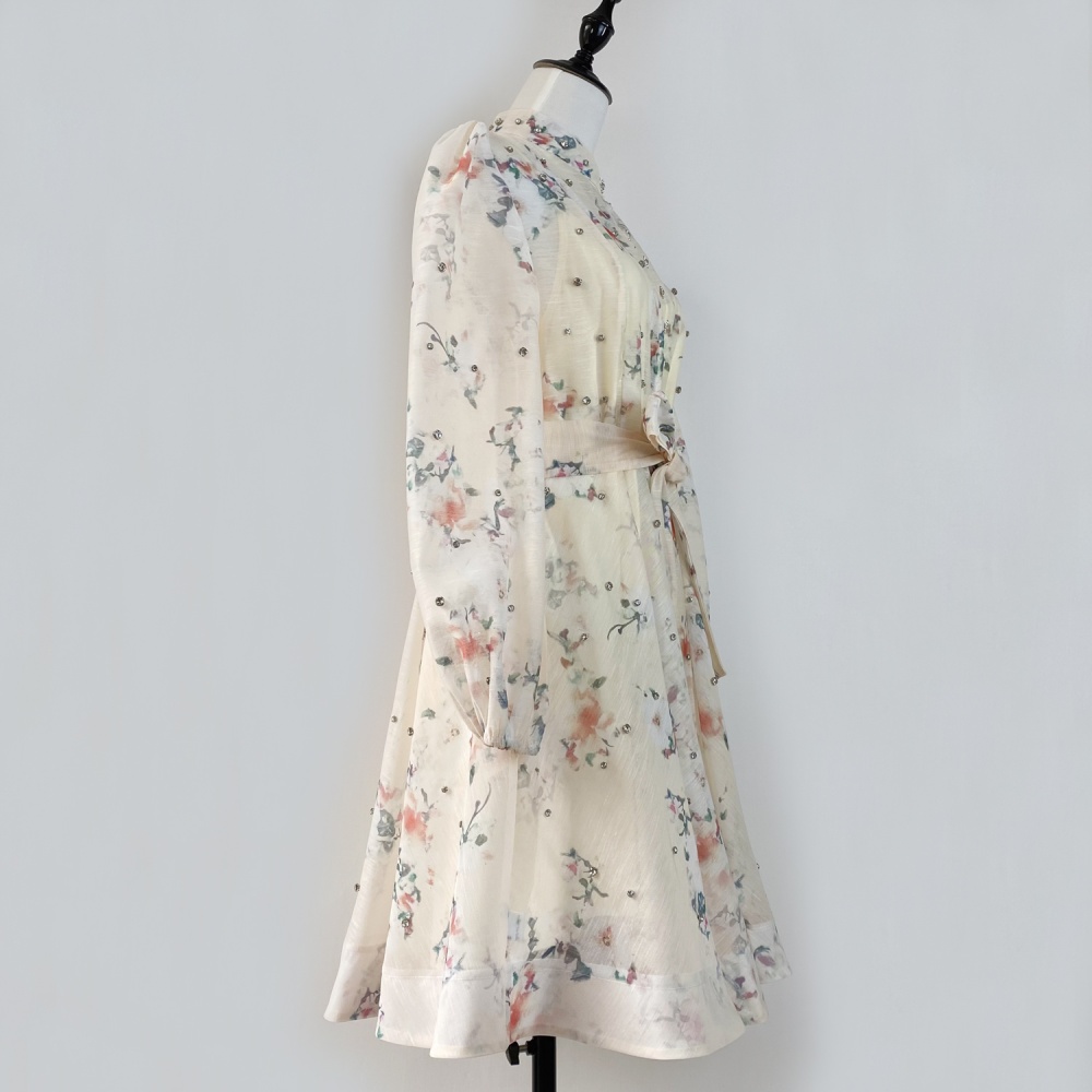 Slim single-breasted lantern sleeve niche retro printing dress