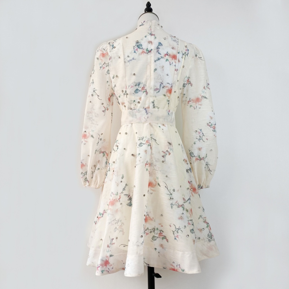 Slim single-breasted lantern sleeve niche retro printing dress