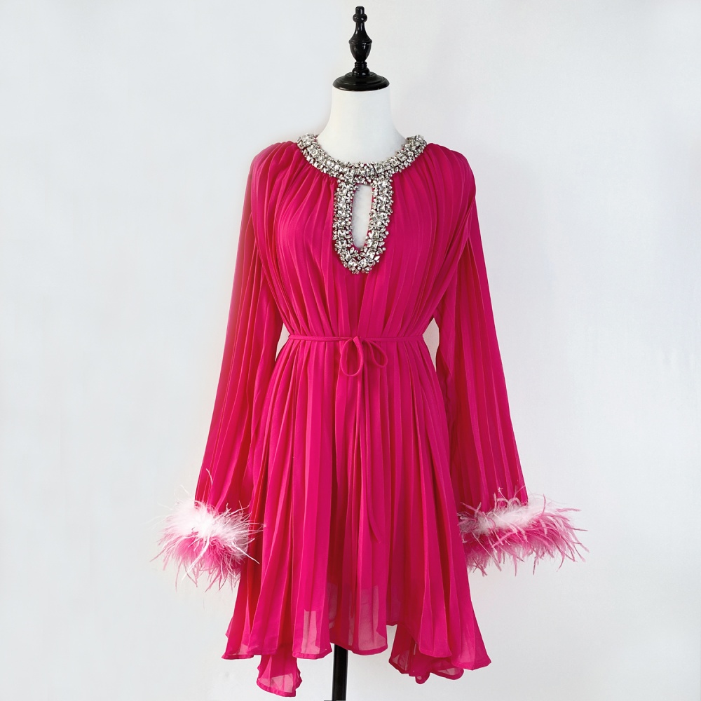 Ostrich hair decoration Chinese style frenum loose dress