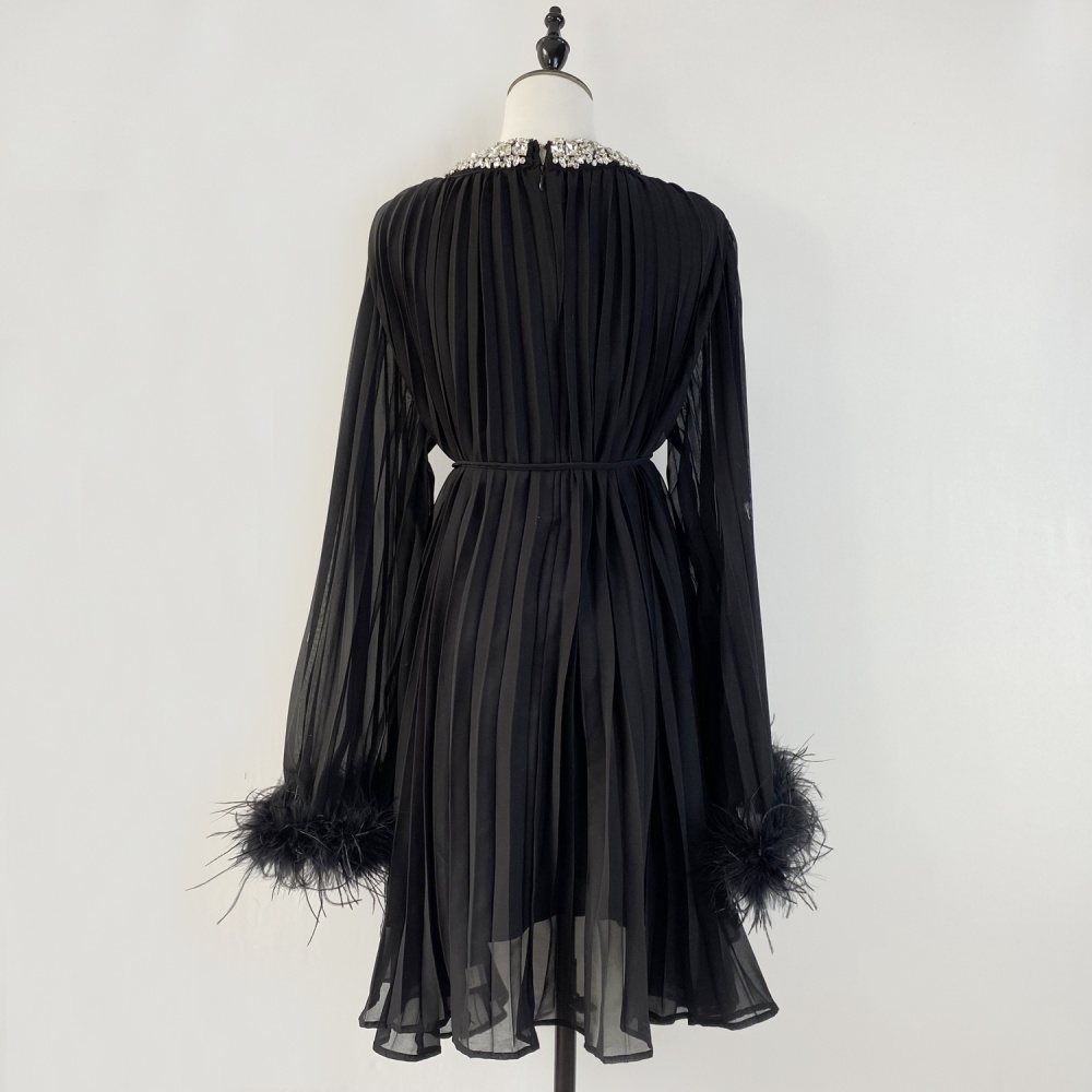 Ostrich hair decoration Chinese style frenum loose dress