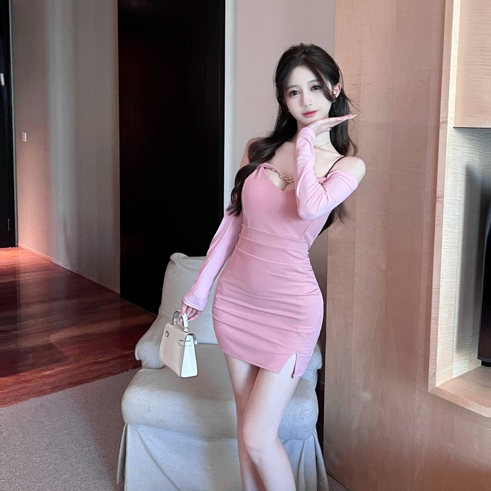 Long sleeve package hip gauze sexy bottoming splice dress