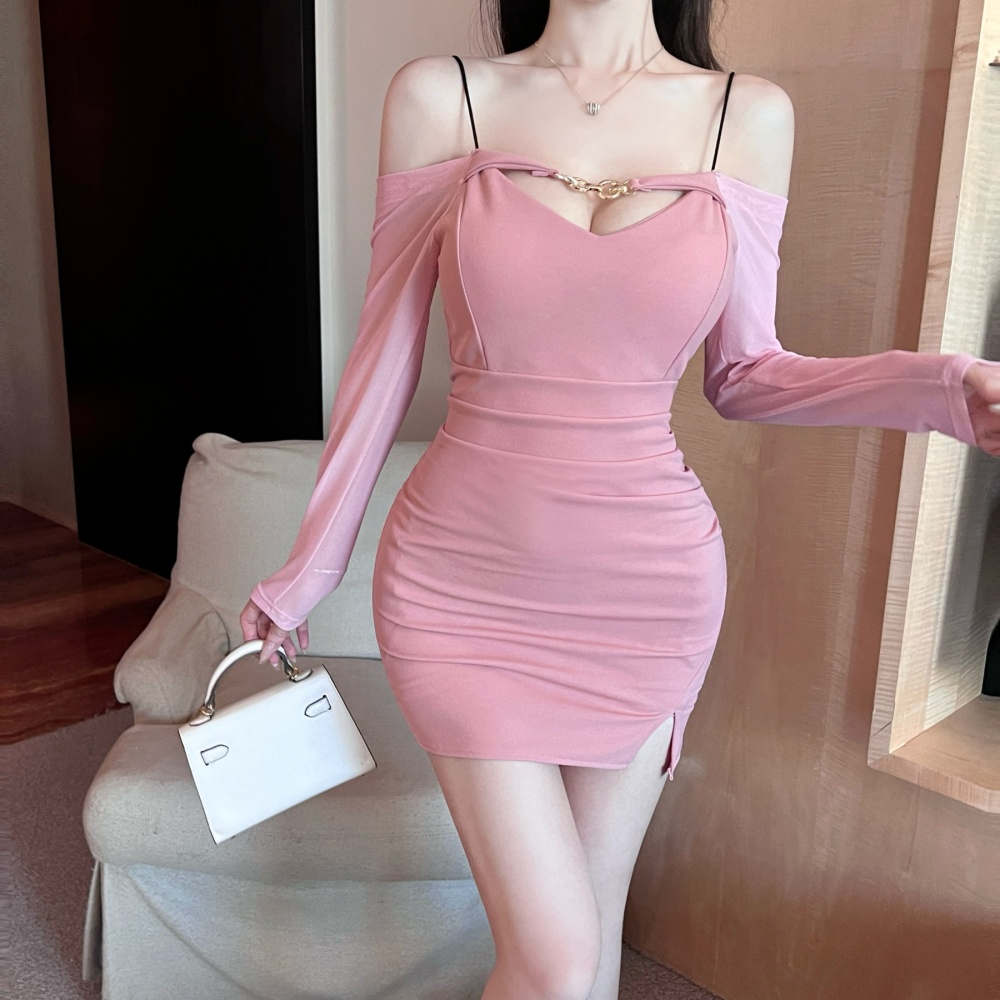 Long sleeve package hip gauze sexy bottoming splice dress