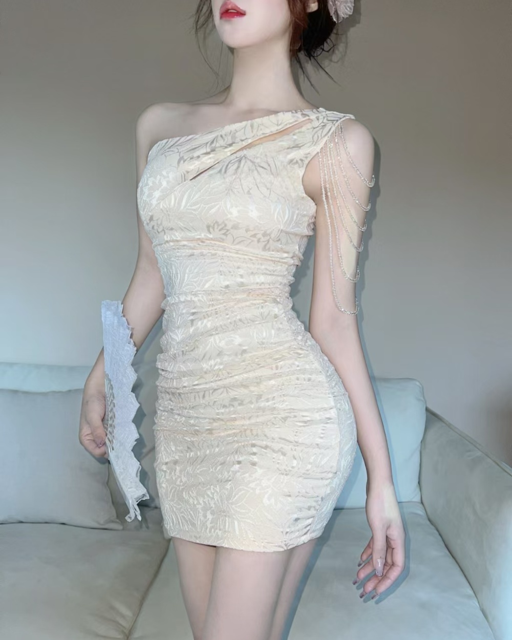 Short bottoming tassels lace shoulder sexy dress