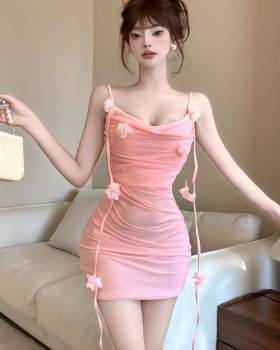 Clavicle temperament ladies package hip sling gauze dress