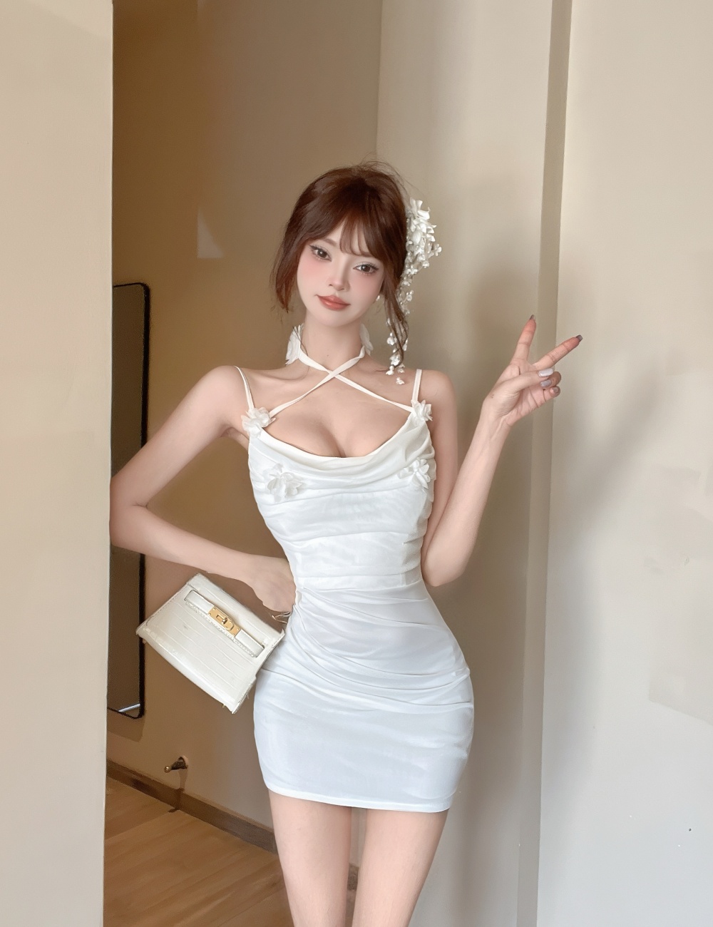 Clavicle temperament ladies package hip sling gauze dress