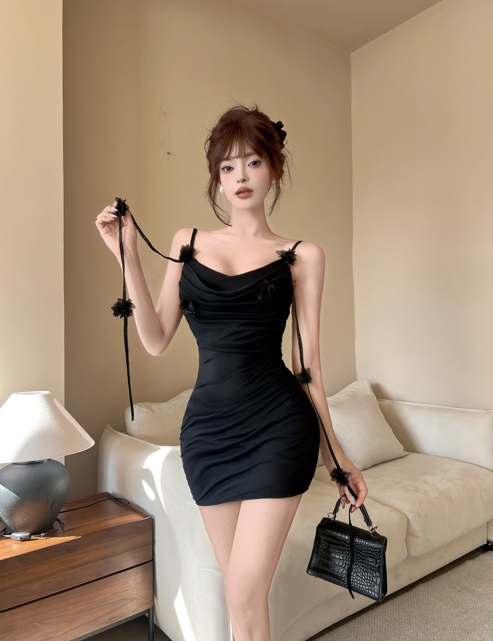 Clavicle temperament ladies package hip sling gauze dress