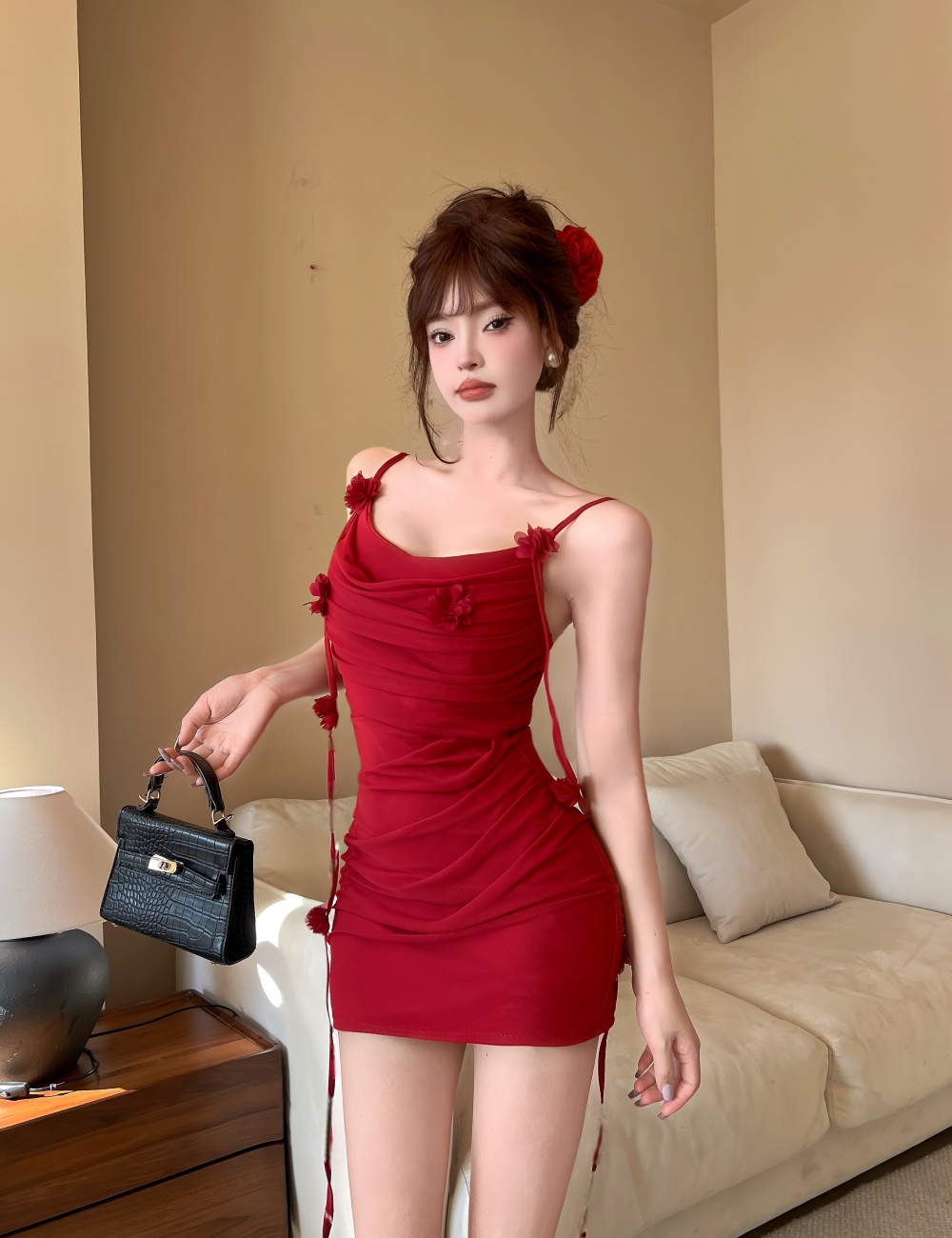 Clavicle temperament ladies package hip sling gauze dress