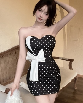 Wrapped chest polka dot France style bow dress