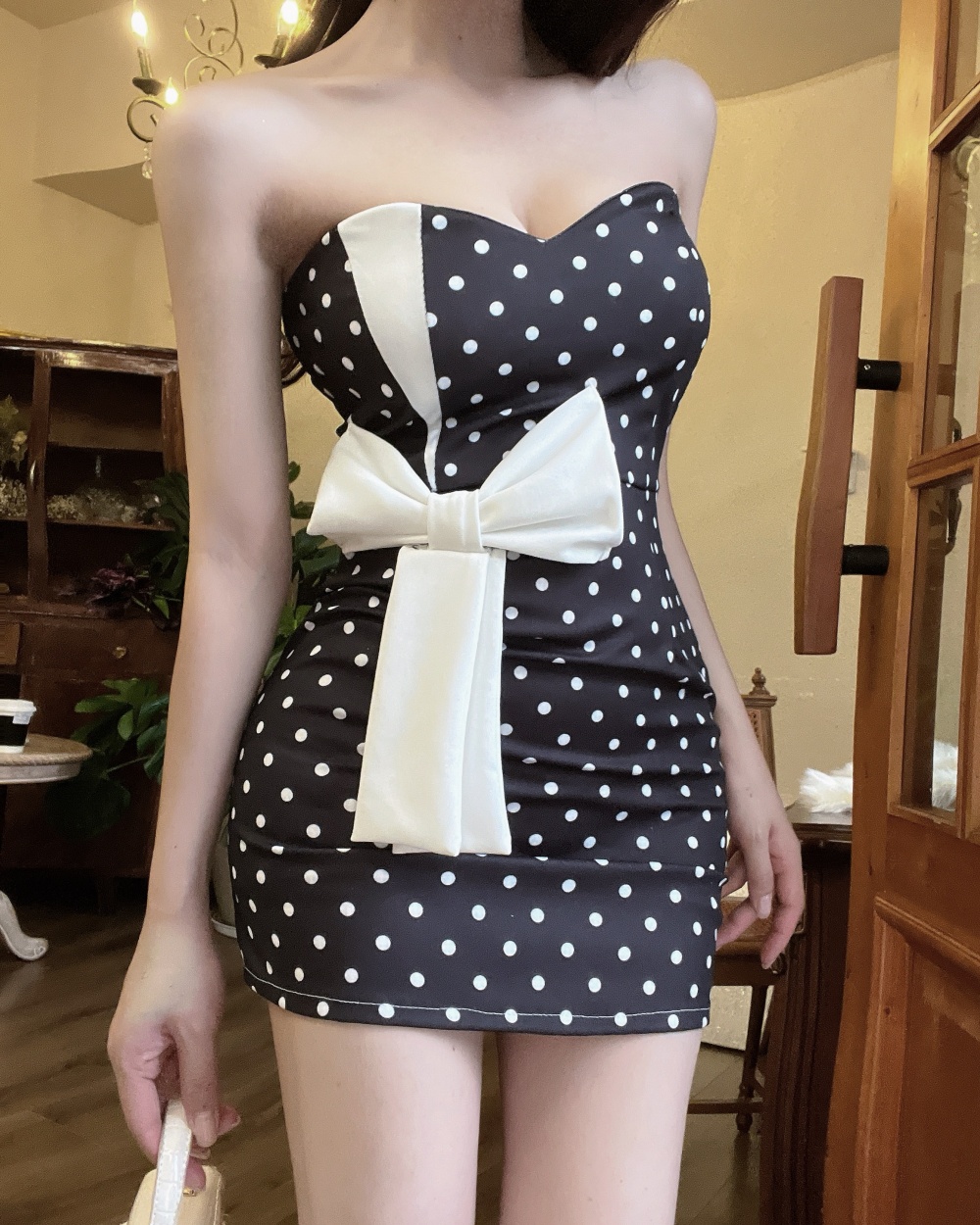 Wrapped chest polka dot France style bow dress