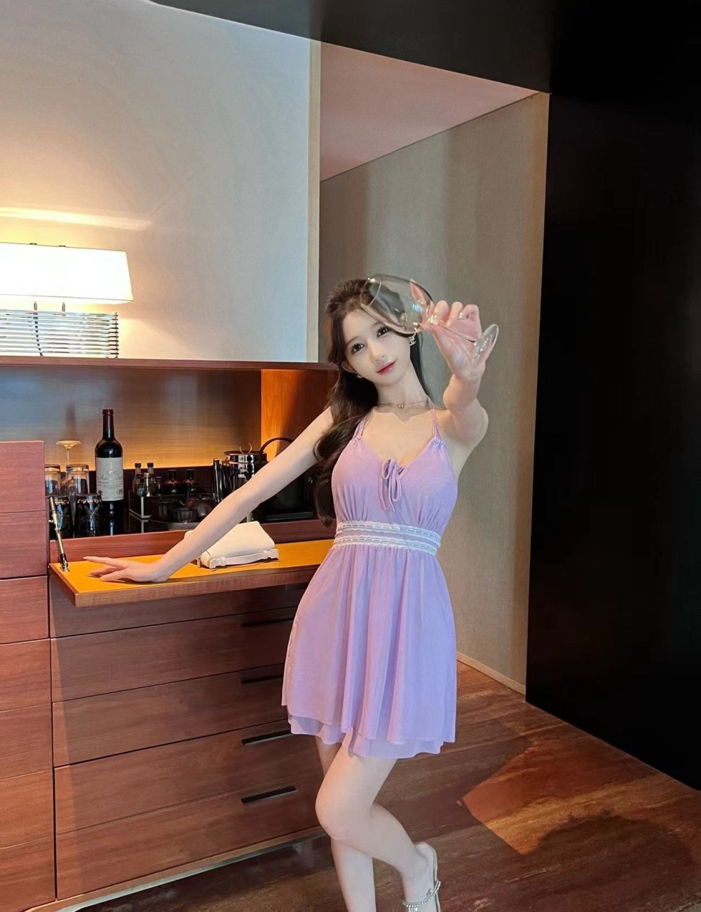 Sexy slim gauze short sling big skirt halter dress