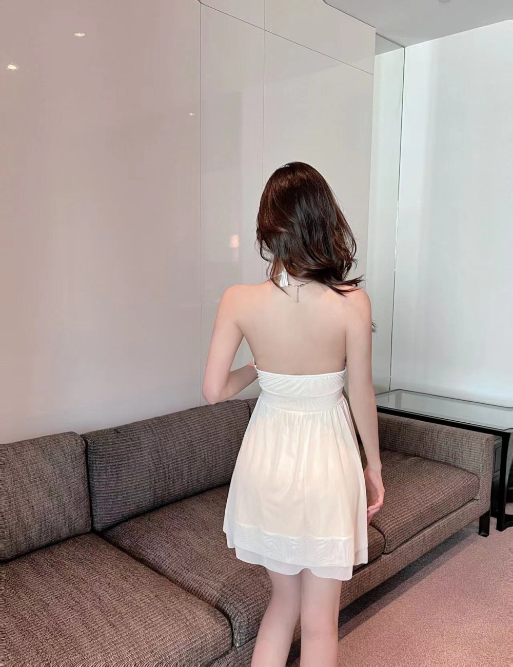 Sexy slim gauze short sling big skirt halter dress