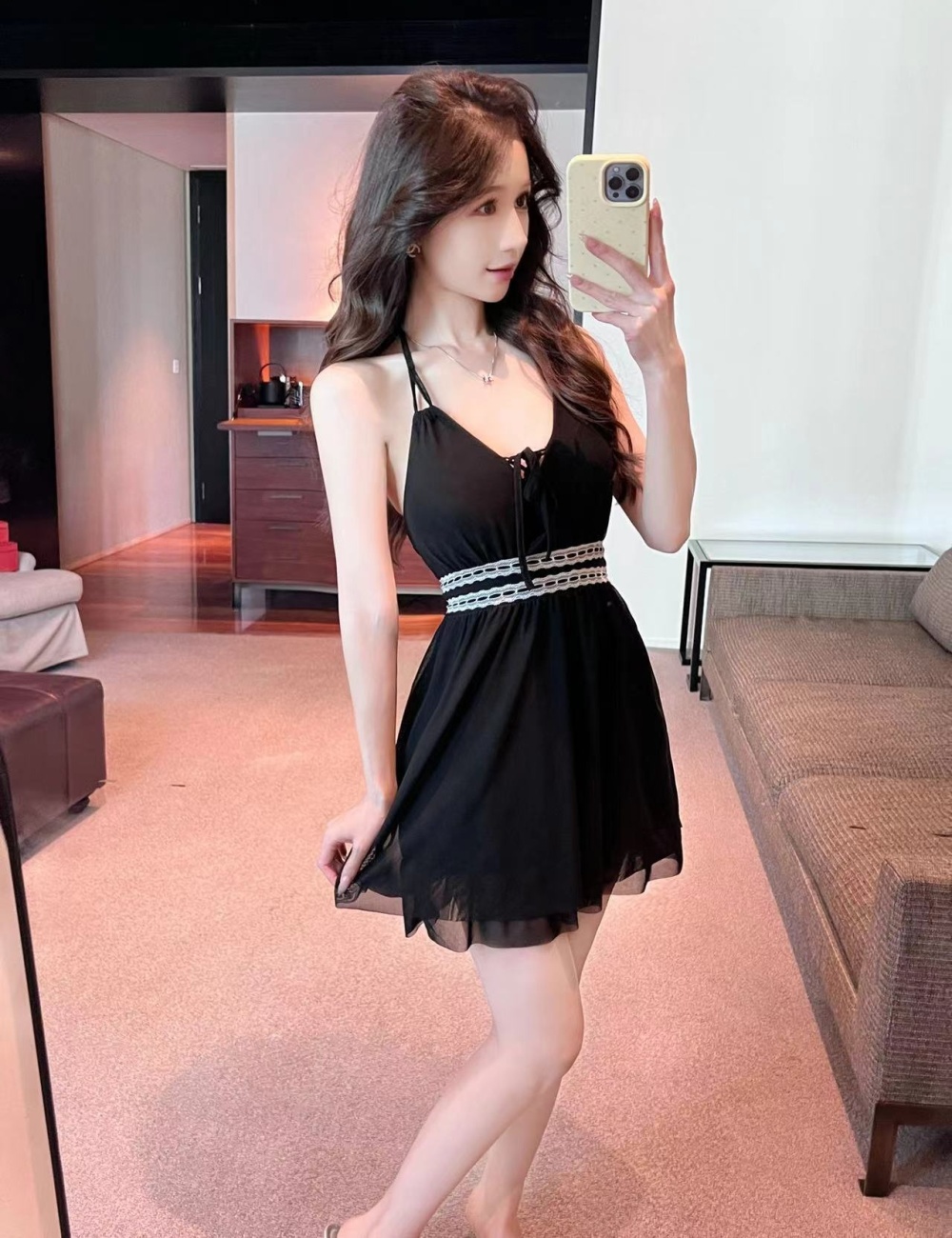 Sexy slim gauze short sling big skirt halter dress