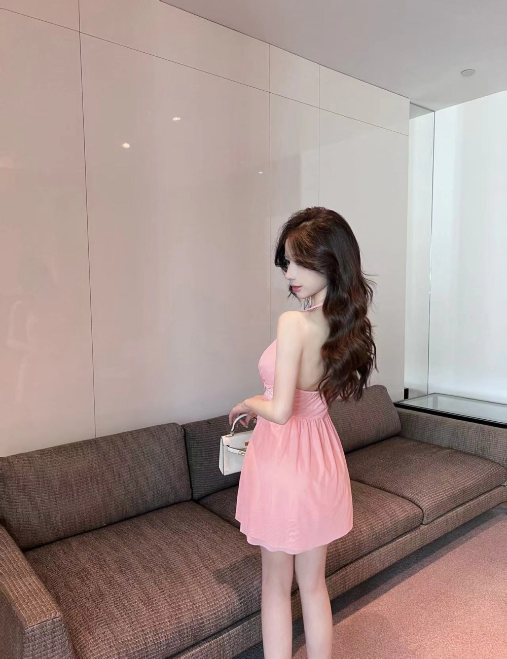 Sexy slim gauze short sling big skirt halter dress