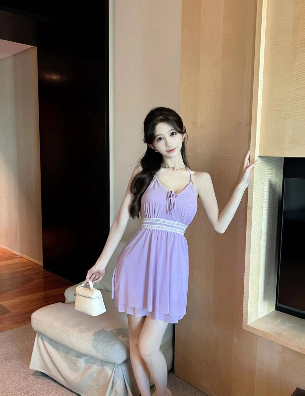 Sexy slim gauze short sling big skirt halter dress