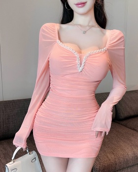 Package hip square collar rhinestone dress gauze sexy T-back