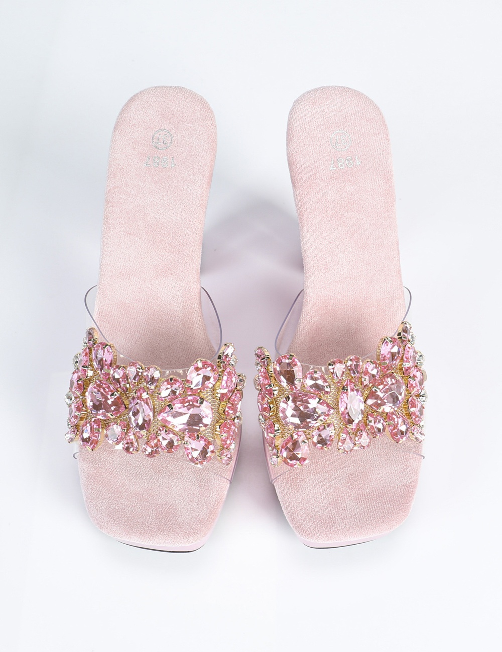 Square head rhinestone crystal model fashion slippers