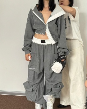 Loose spring sweatpants wide leg gray hoodie 2pcs set for women