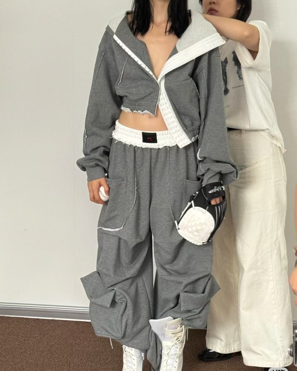 Loose spring sweatpants wide leg gray hoodie 2pcs set for women