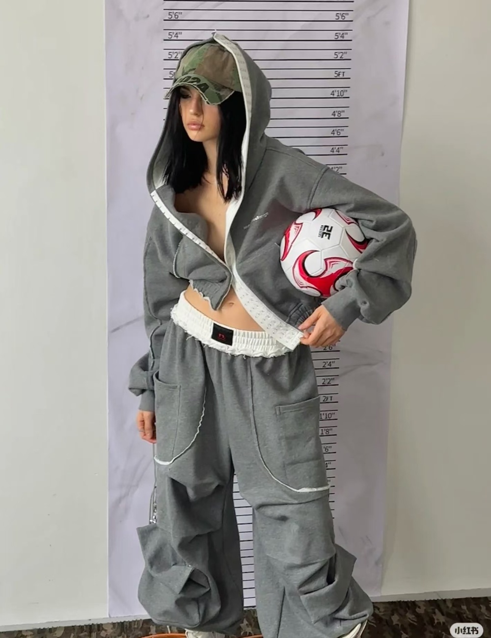 Loose spring sweatpants wide leg gray hoodie 2pcs set for women