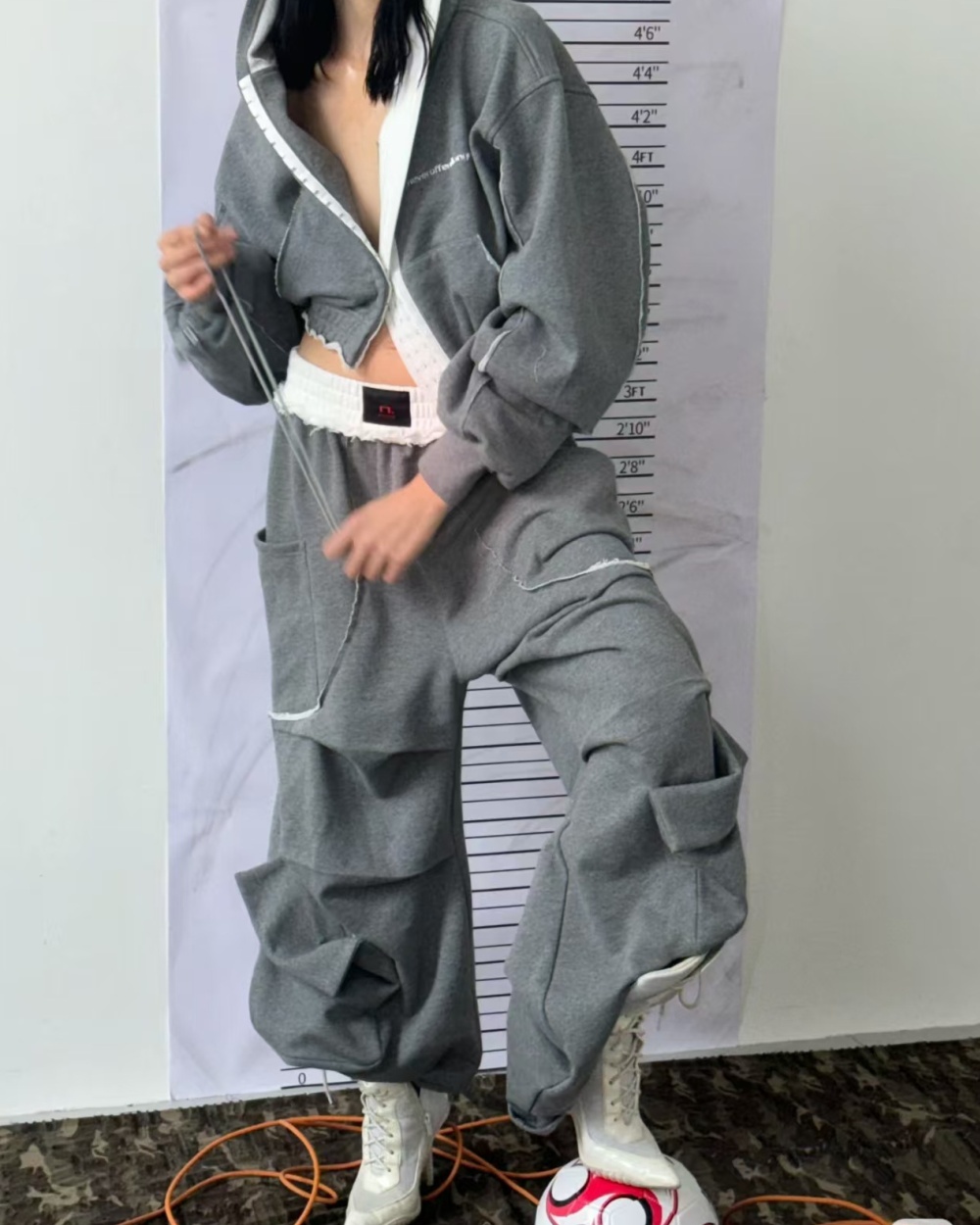 Loose spring sweatpants wide leg gray hoodie 2pcs set for women