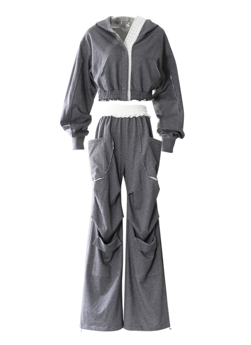 Loose spring sweatpants wide leg gray hoodie 2pcs set for women