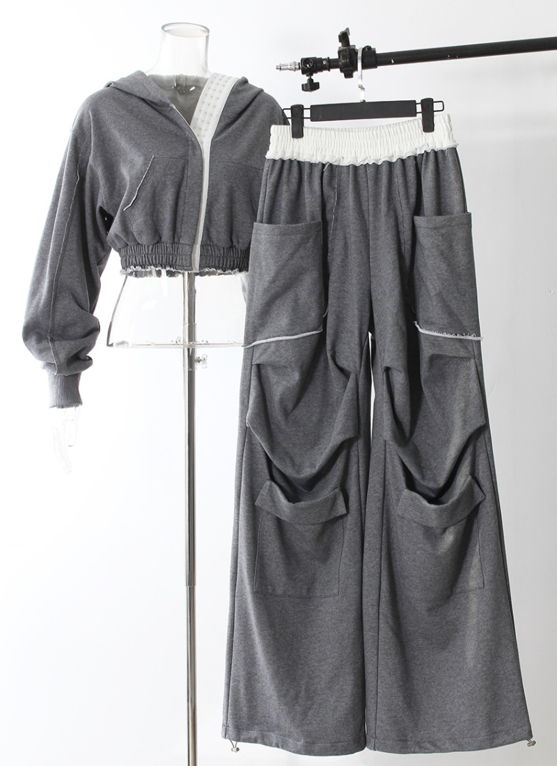 Loose spring sweatpants wide leg gray hoodie 2pcs set for women