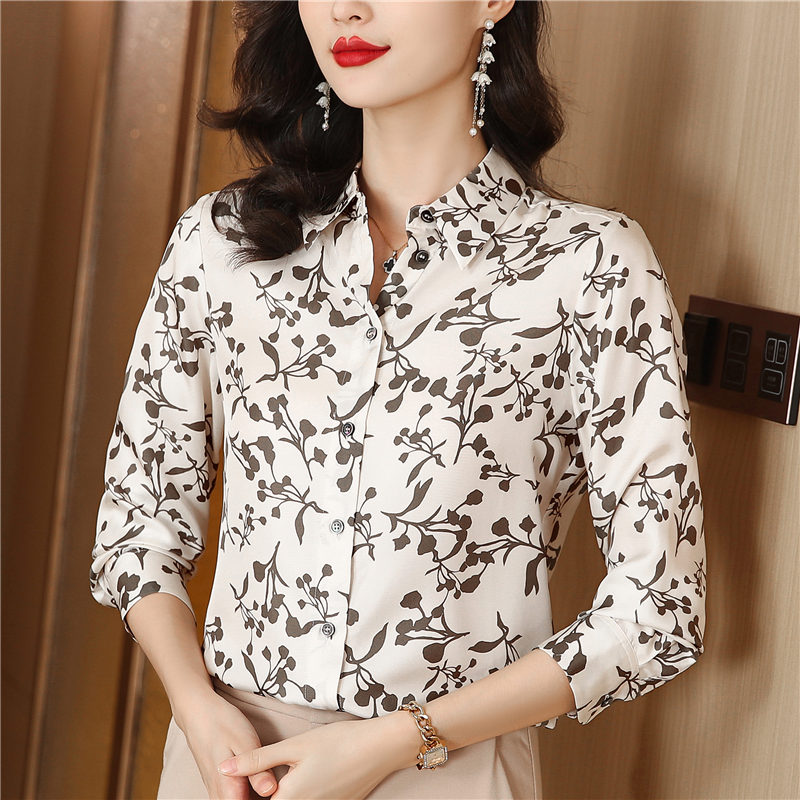 Spring commuting silk shirt printing twill retro tops for women