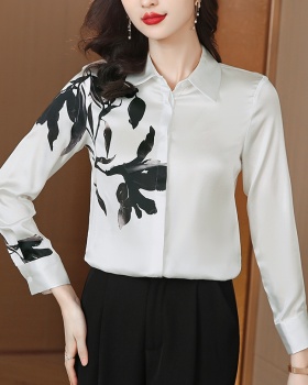 Long sleeve ink real silk tops printing lapel shirt