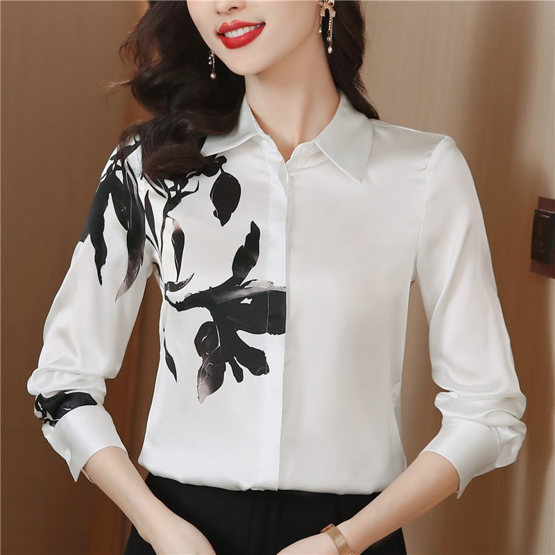 Long sleeve ink real silk tops printing lapel shirt