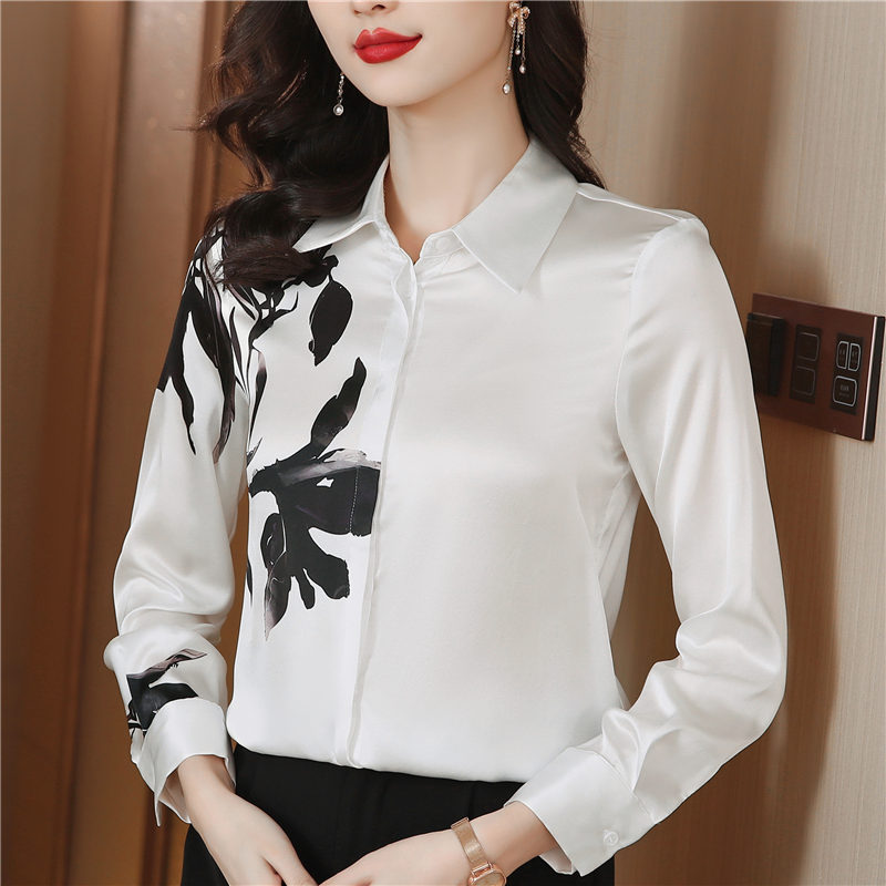 Long sleeve ink real silk tops printing lapel shirt