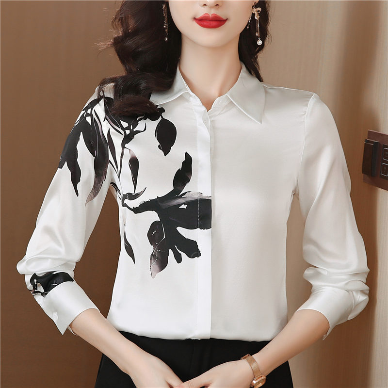 Long sleeve ink real silk tops printing lapel shirt