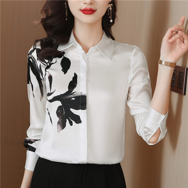 Long sleeve ink real silk tops printing lapel shirt