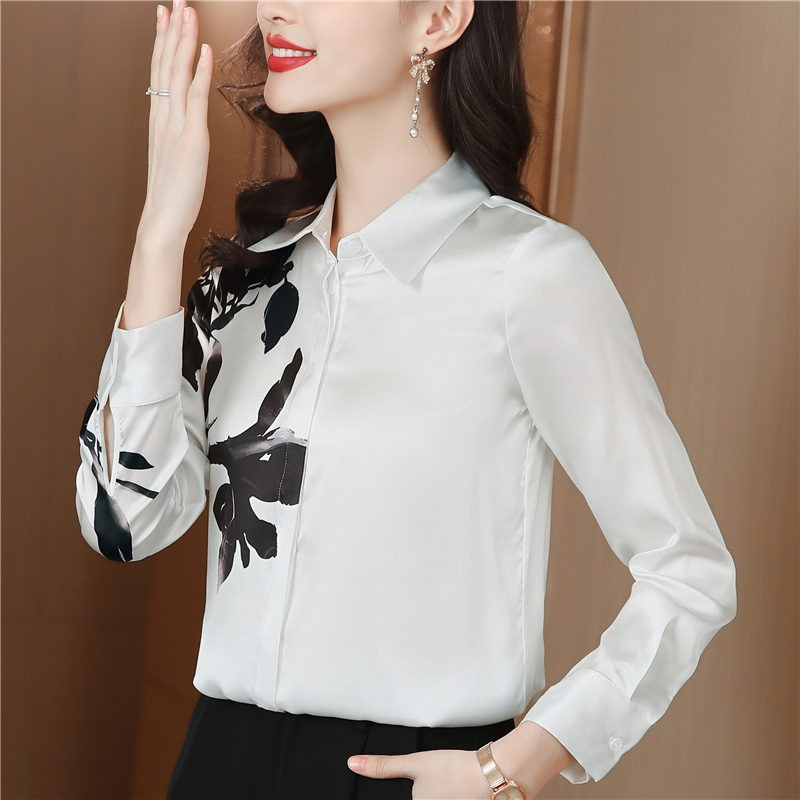 Long sleeve ink real silk tops printing lapel shirt