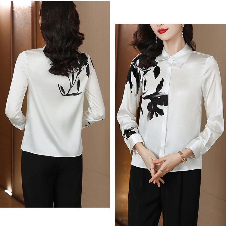 Long sleeve ink real silk tops printing lapel shirt