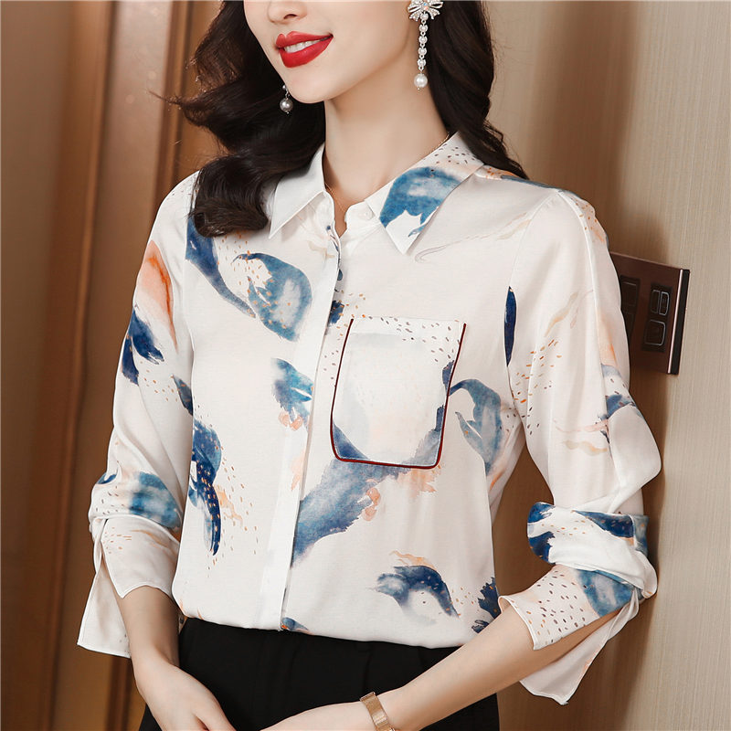 Silk fashion long sleeve shirt real silk cuff tops for women