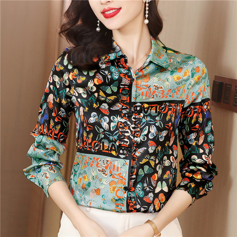 Printing real silk shirt long sleeve tops for women