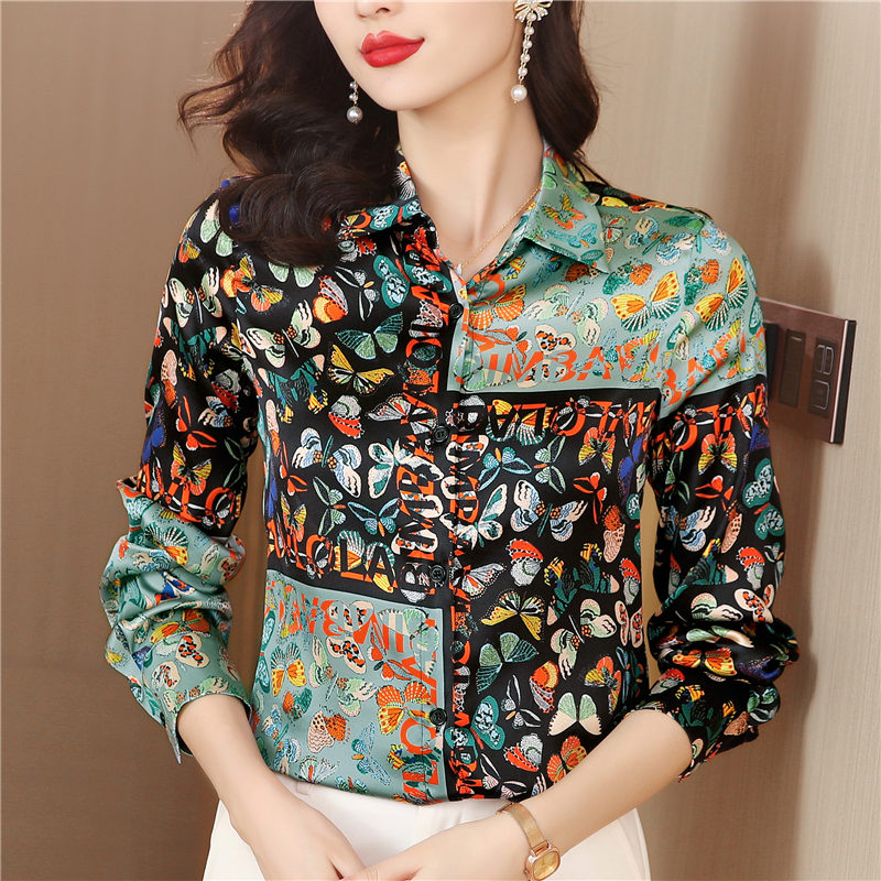 Printing real silk shirt long sleeve tops for women