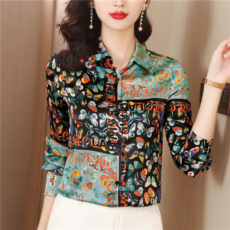 Printing real silk shirt long sleeve tops for women