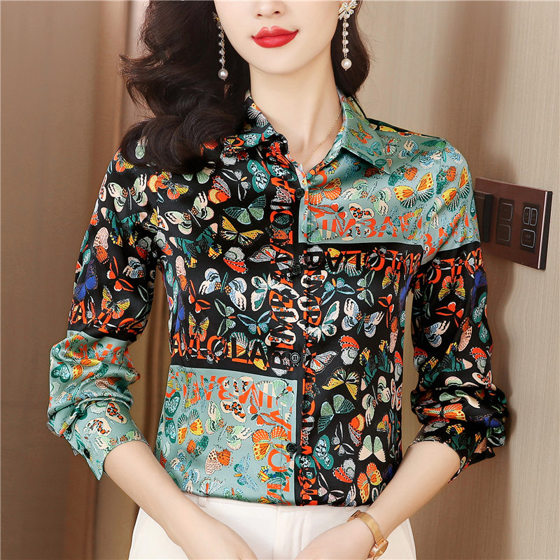 Printing real silk shirt long sleeve tops for women