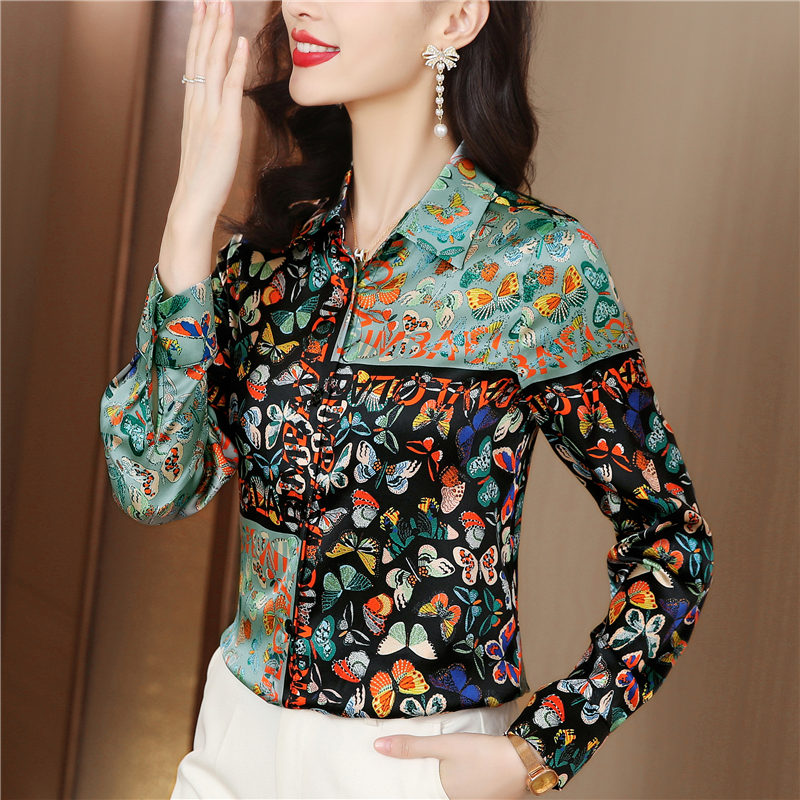 Printing real silk shirt long sleeve tops for women