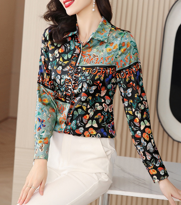 Printing real silk shirt long sleeve tops for women